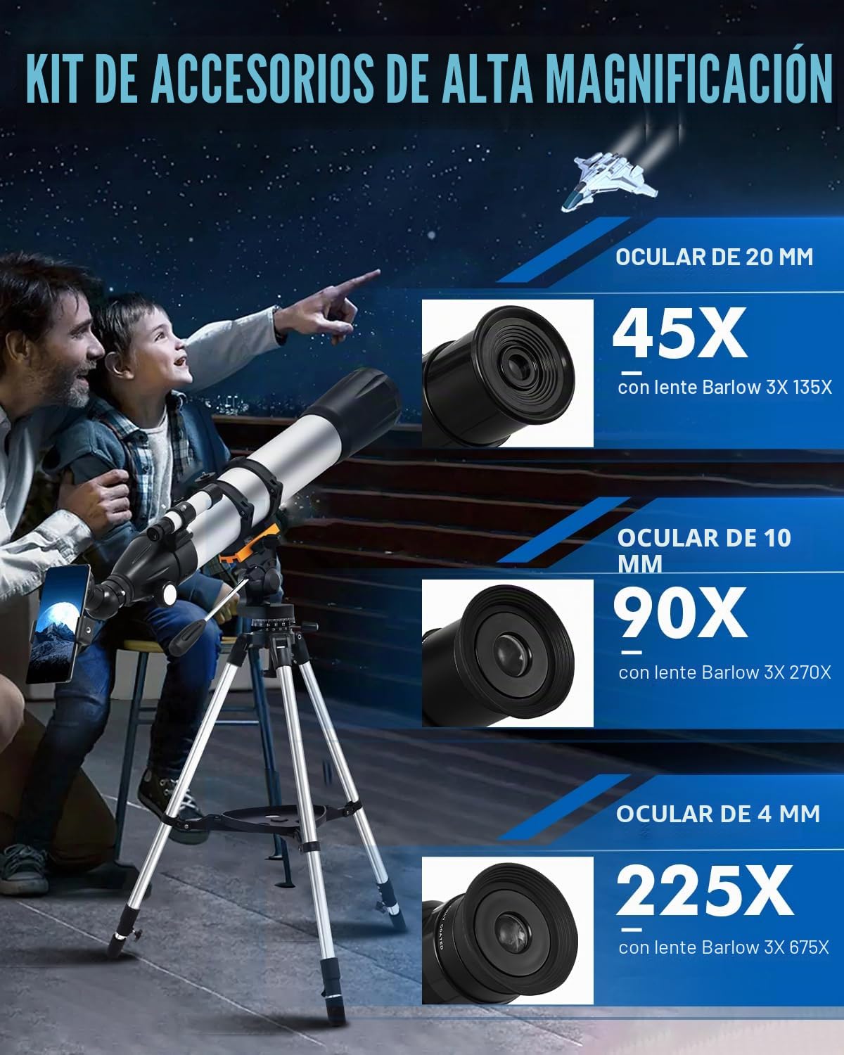 Telescopio Astronómicos para Adultos, Telescopios Refractores con Trípode, Telescopios Refracción 90mm Apertura 900mm para Niños Principiantes, Telescope portátil con Barlow, Teléfono Soporte