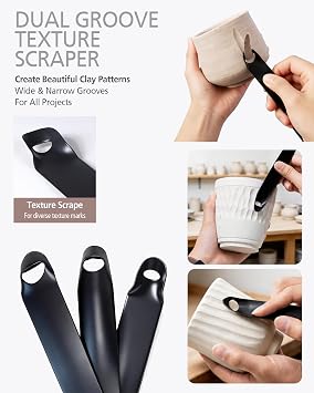 Pottery Trimming Tools Set - Pre-Sharpened & Rust-Resistant S-Curve Clay Trimming Tool + Texture Carving Scraper with Carry Bag, Electroplated Carbon Steel Tools for Wheel Throwing & Ceramics