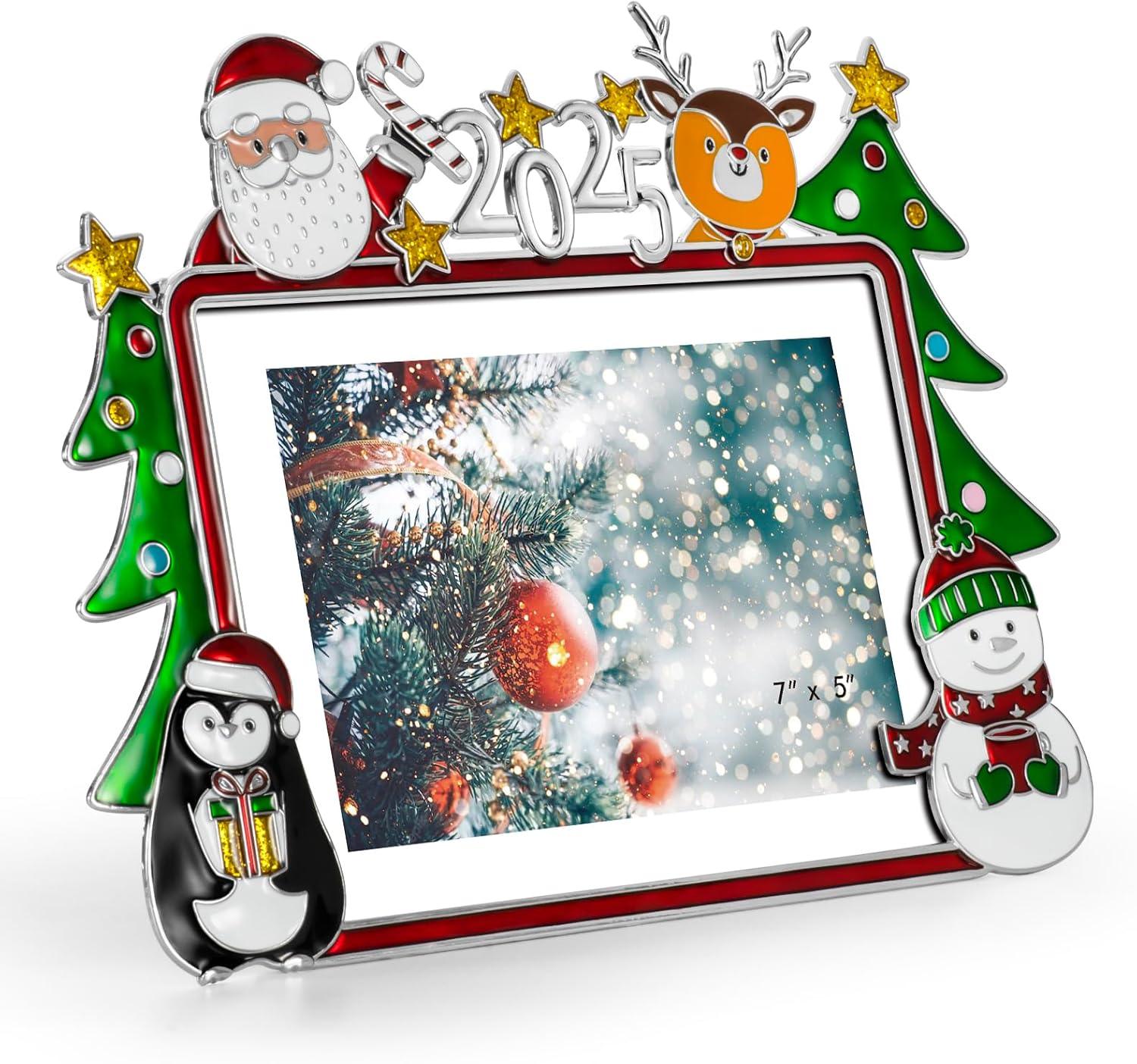Christmas 5x7 Picture Frame Christmas Metal Display Photo Frames with Rhinestone High Definition Glass Front Gift Ideas Tabletop Home Decorative (2025 Snowman Reindeer, Red)