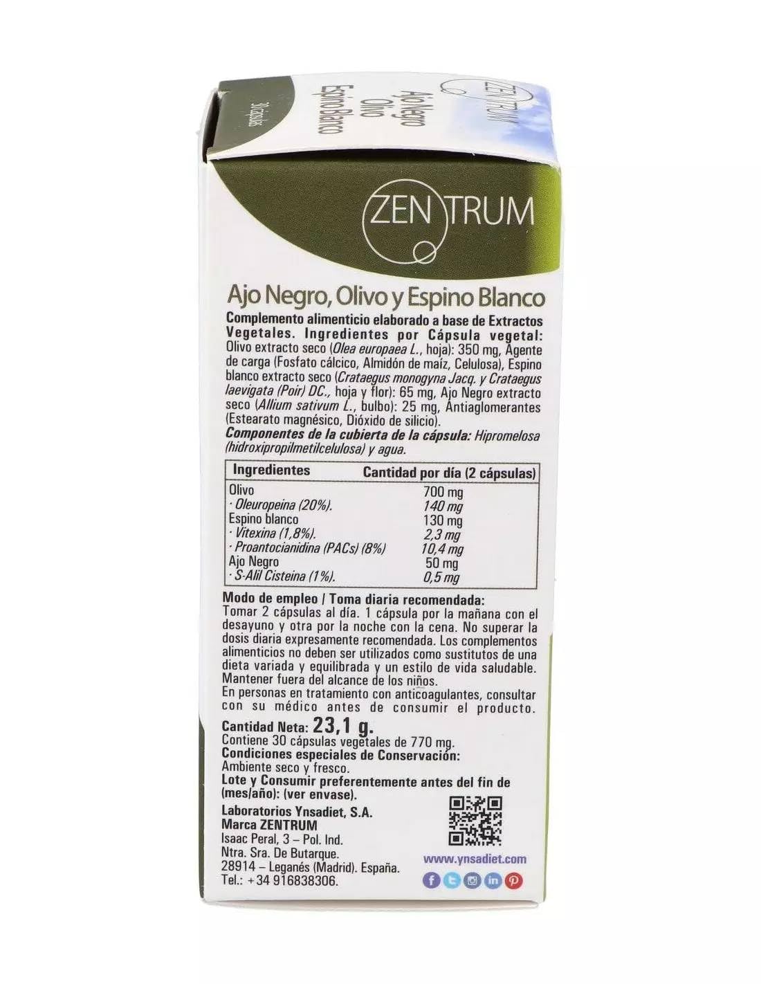 Pack 3 x Olivo Ajo Negro y Espino Zentrum Ynsa diet 30 cápsulas vegetales | Complemento para corazón y tensión normal | Con olivo, ajo negro envejecido y espino blanco, vegano y sin gluten