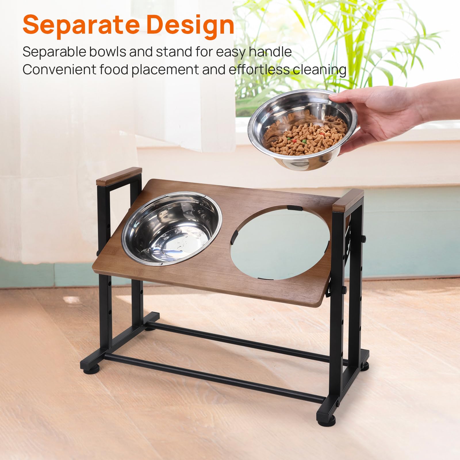 Soporte de comedero para Mascotas de Altura Ajustable con 2 Cuencos de Acero Inoxidable, Parte Superior de Madera y Marco de Metal Negro para Perros/Gatos, estación elevada de Alimentos/Agua (marrón