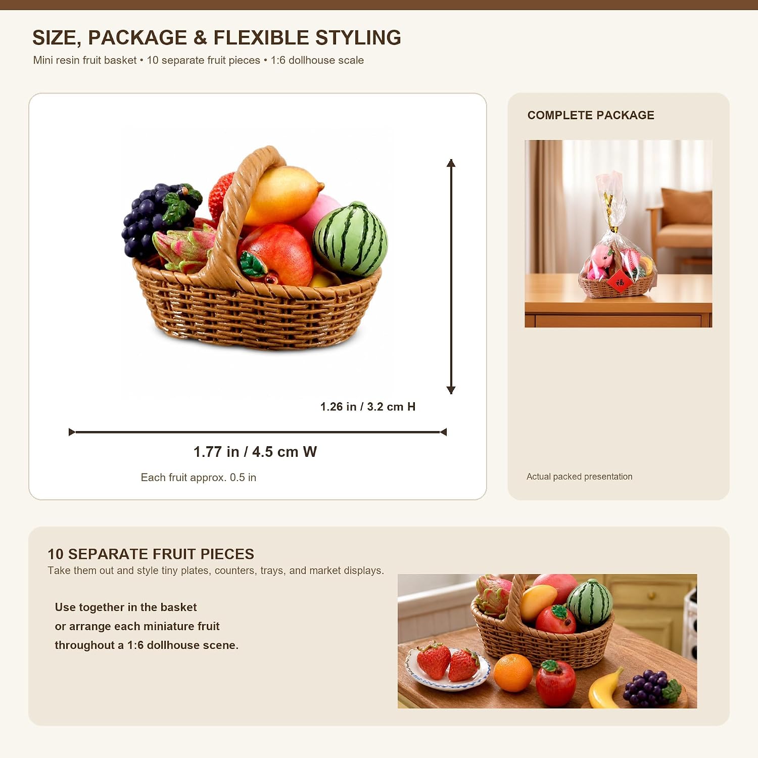 Miniature Artificial Resin Fruits Basket, 10 Kinds of Fruits, 0.5" (Oval)