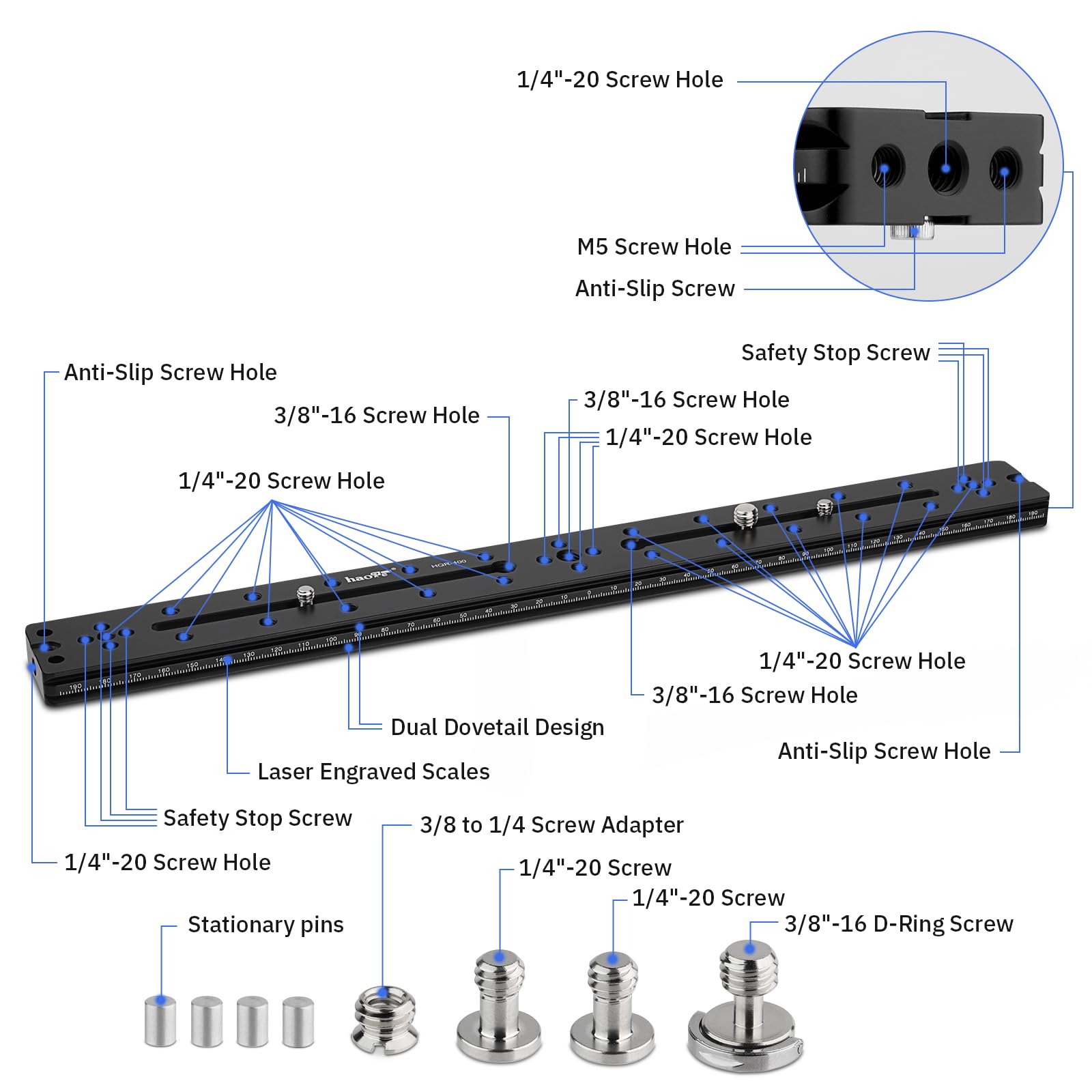 Haoge HQR-400 400 mm Piastra a sgancio rapido multiuso, prolunga, guida scorrevole per treppiede, morsetto a testa sferica, compatibile con Arca Swiss
