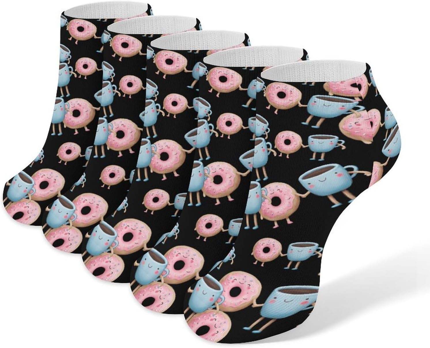 Coffee And Donut No Show Ankle Socks Low Cut Non Slip Flat Boat Line 5 Pairs Set