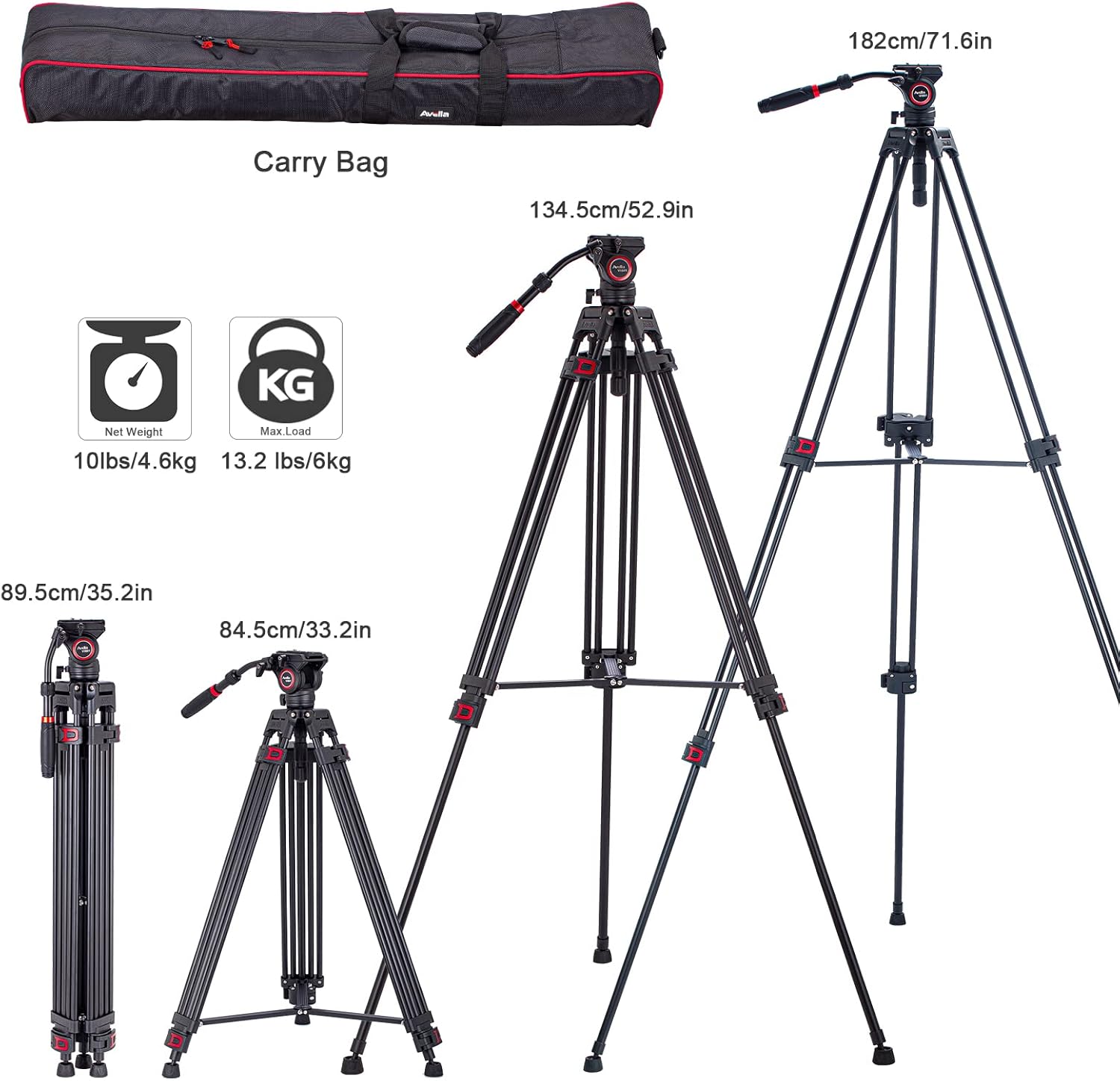 Video Tripod, Avella VH501 72 inch Professional Heavy Duty Aluminum Tripod, with Detachable Fluid Drag Pan Tilt Head Max Loading 13.2 LB, for Canon Nikon Sony Olympus Panasonic DSLR Camcorder : Electronics