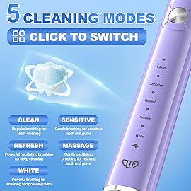 JTF Sonic Electric Toothbrush - with Travel Case and 6 Brush Heads, Fast Charging toothbrushes for 60 Days Long Lasting, 5 Modes Power Toothbrush for Women