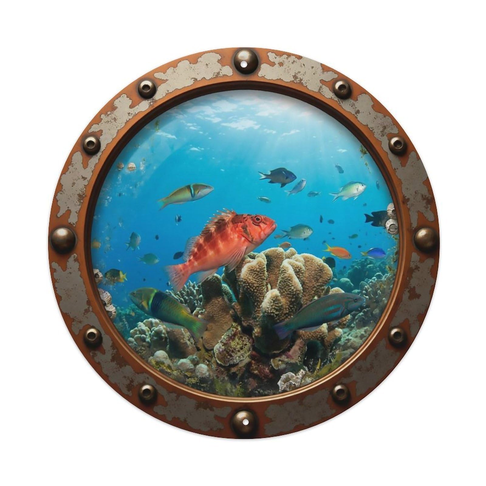 Odgynaw 8X8inch(20X20cm) Vintage Porthole Hawkfish Nautical Window View Metal Tin Sign