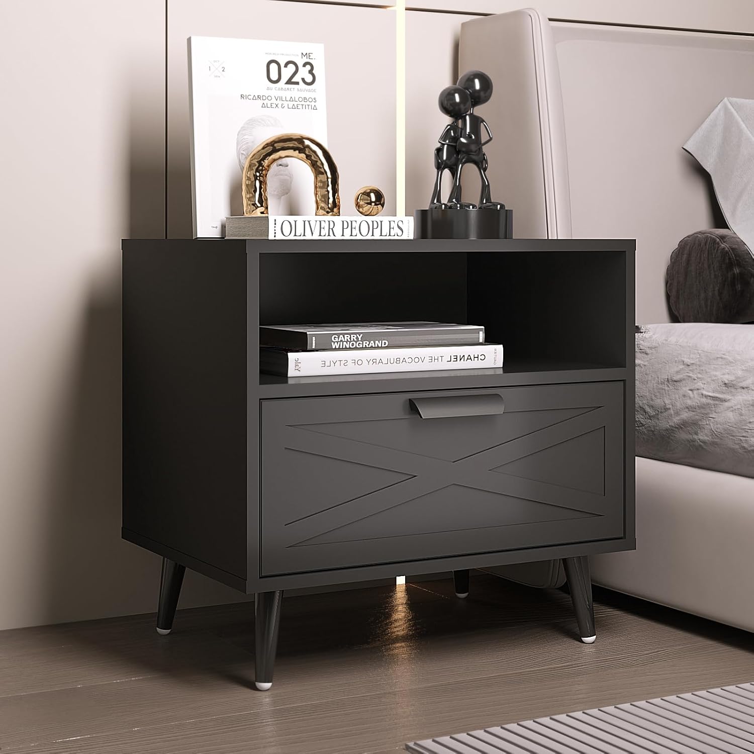 Black Nightstand with Drawer, Night Stand Storage Bed Side Table End Table, Modern Wood Bedside Stand with Shelf, Night Stands for Bedroom Living Room Sofa Home Office