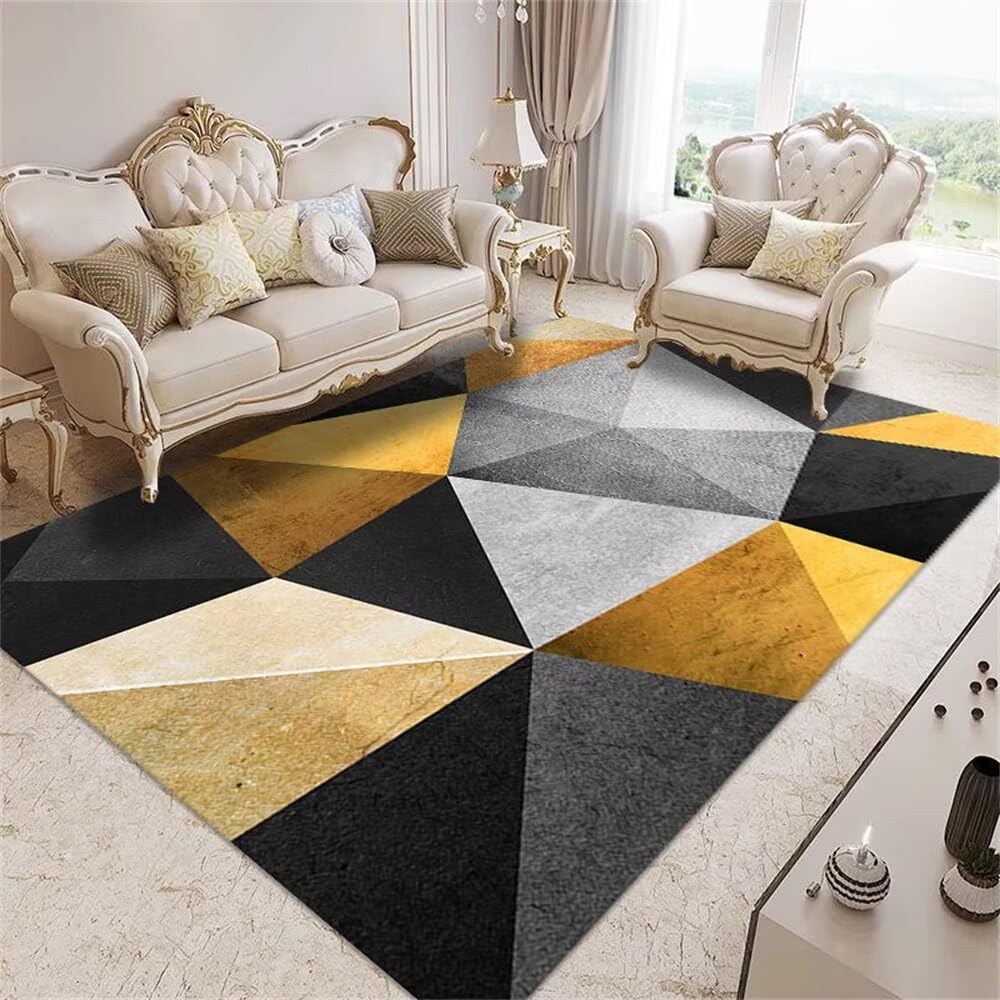 Tapis de salon carre au design géométrique gris et jaune en 100X200CM