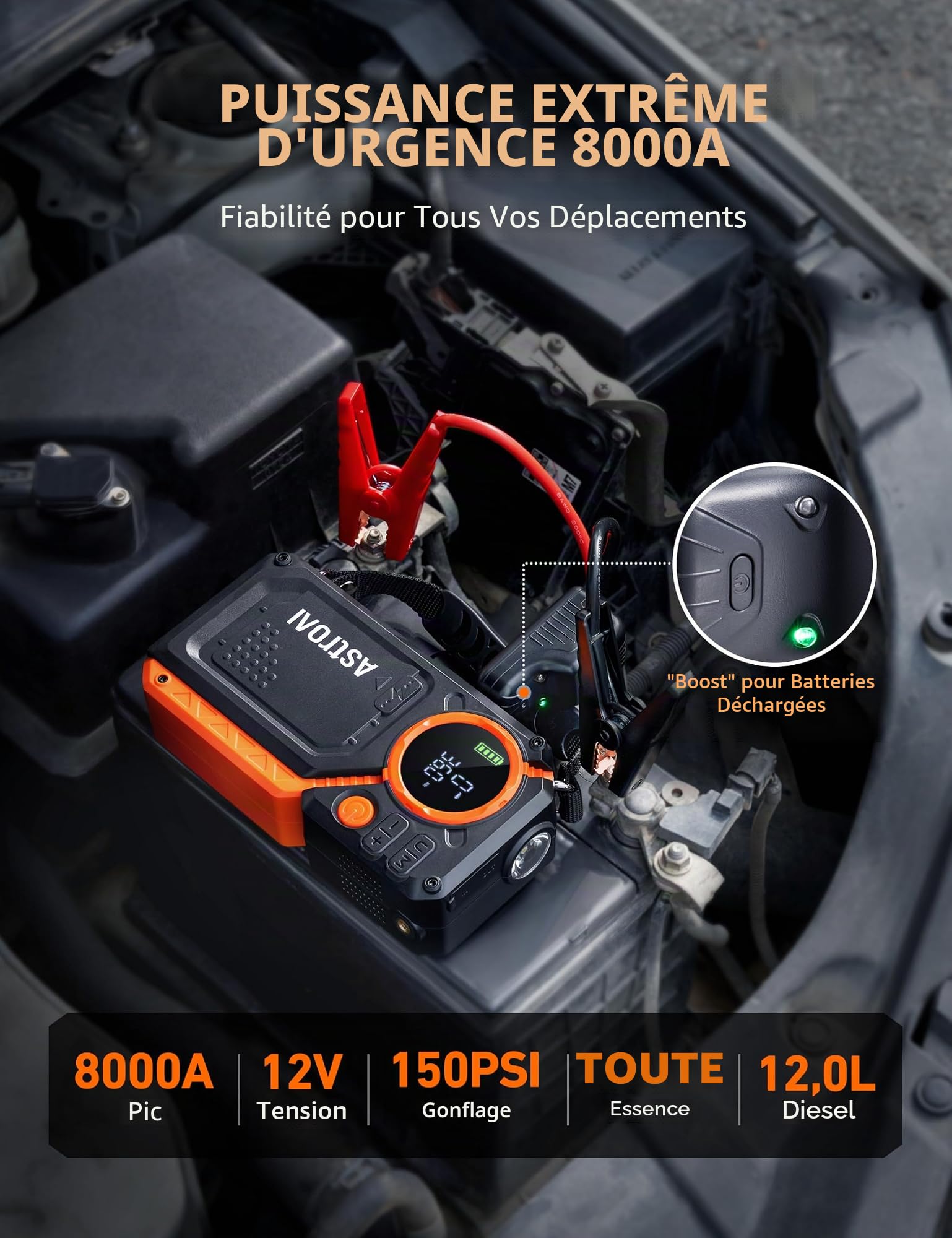 AstroAI Booster Batterie Voiture 8000A, Démarreur Batterie Voiture Portable avec Compresseur à Air 150PSI 12V(Tout Essence/12L Diesel) Pinces de Sécurité Intelligentes, LED Démarrer Rapidement & QC3.0