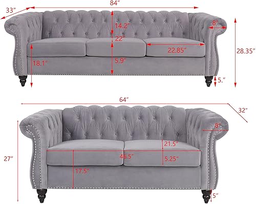 Miniatura 2 de RARZOE Moderno juego de sofá de 2 piezas para sala de estar terciopelo capitonado contemporáneo con botones Chesterfield de tres plazas y sofá