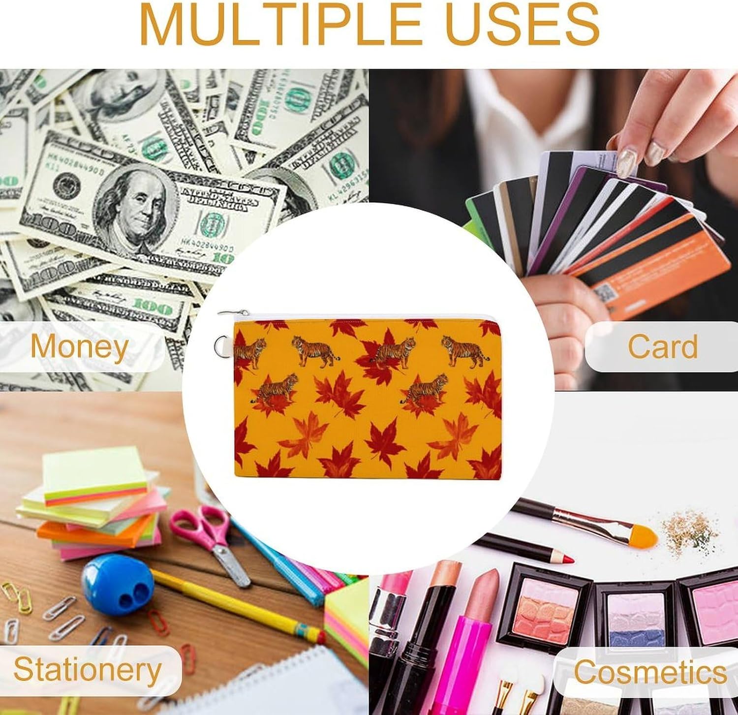 Tiger Maple Leaf Coin Purse Pouch Change Holder With Zip Canvas Clutch Card Wallet for Women Men
