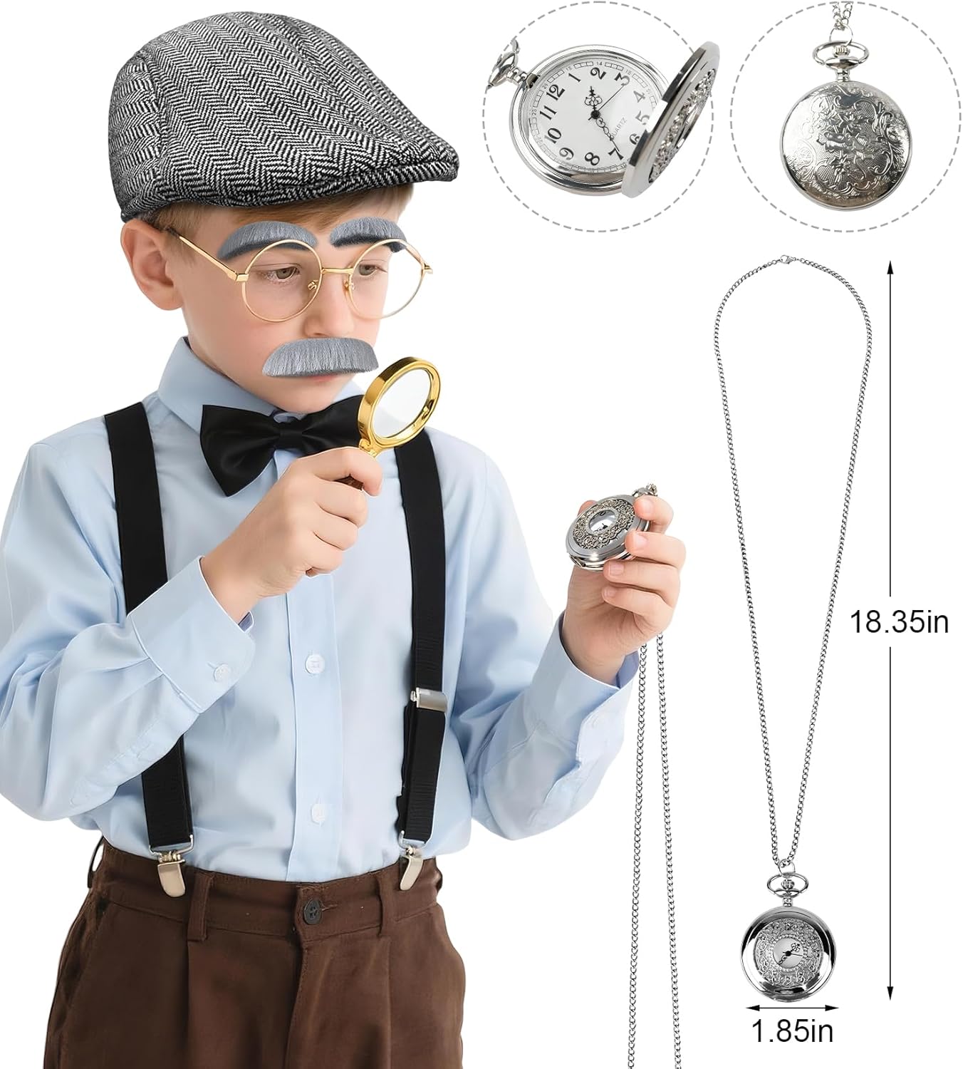 100 Days of School Old Man Costume Set, Grandpa Accessories: Beret, Bow Tie, Suspenders, Glasses, Cane, Beard & Watch - Image 4