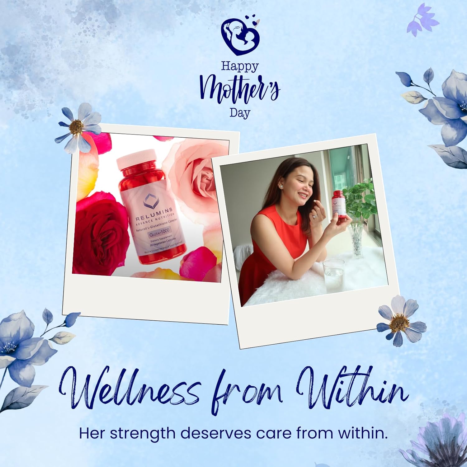 Relumins L-Glutathione Supplement Complex - Inner Glow Mother's Day Wellness - Advanced Reduced Glutathione 1000mg with Alpha Lipoic Acid for Smoother & Brighter Skin, Made in USA - 30 Caps x 3 Bots