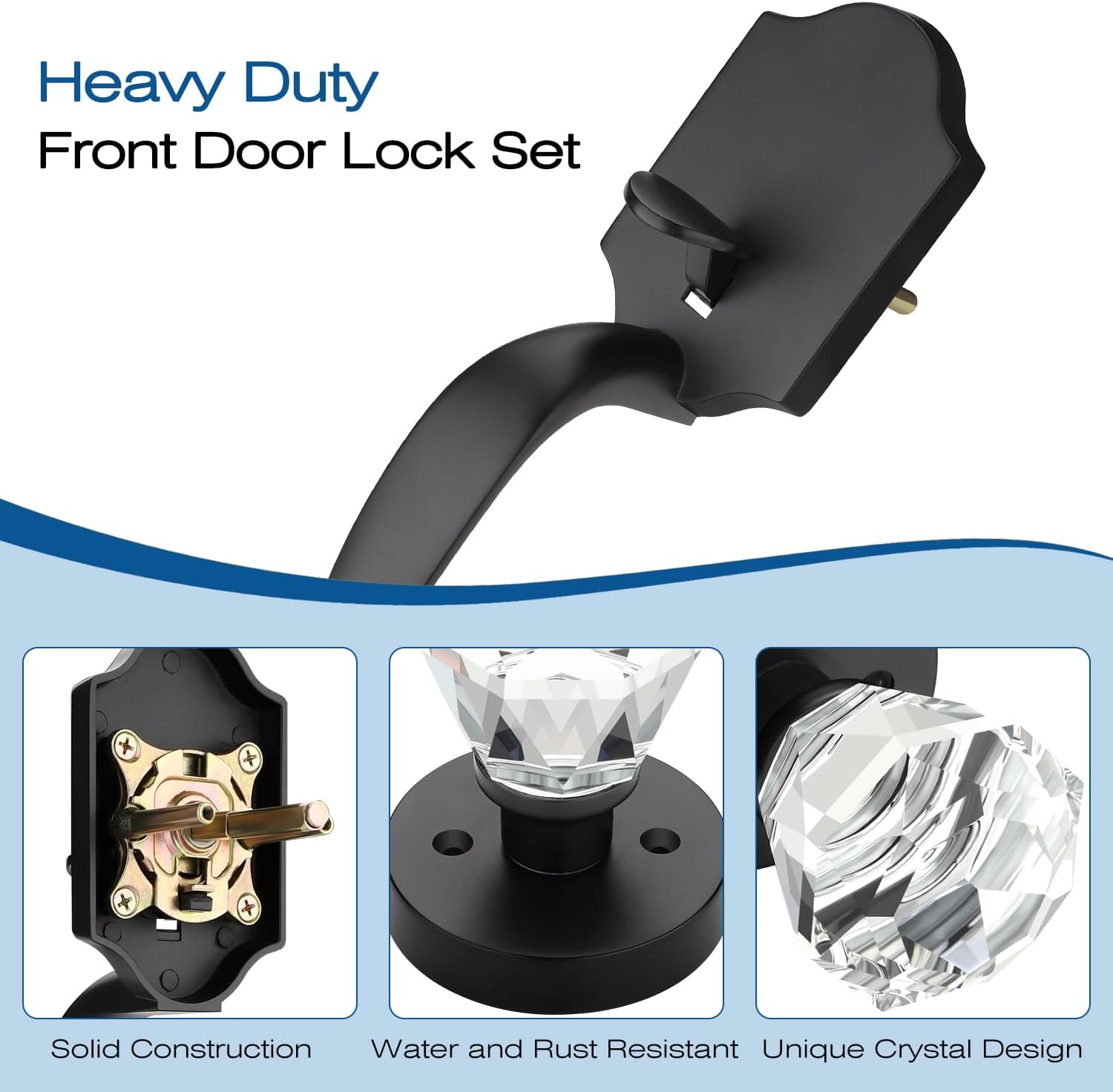 EHOMEWARE Matte Black Front Door Lock Set, Front Door Handle Exterior, Entry Door Locksets with Single Deadbolt, Heavy Duty Front Door Hardware, Stylish Crystal Design, Fits Both Left/Right Doors