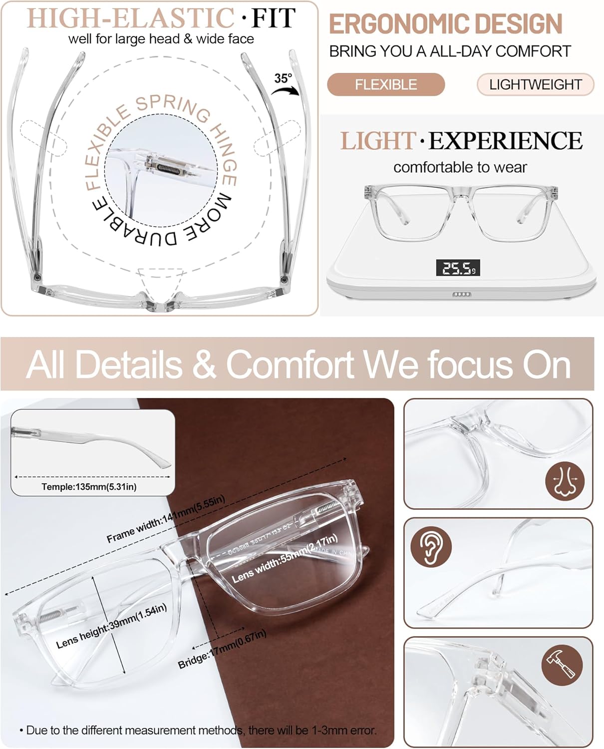 MARE AZZURO Retro Big Reading Glasses Men Lightweight Readers 1.0 1.25 1.5 1.75 2.0 2.25 2.5 2.75 3.0 3.5 4.0 5.0 6.0 - Image 4