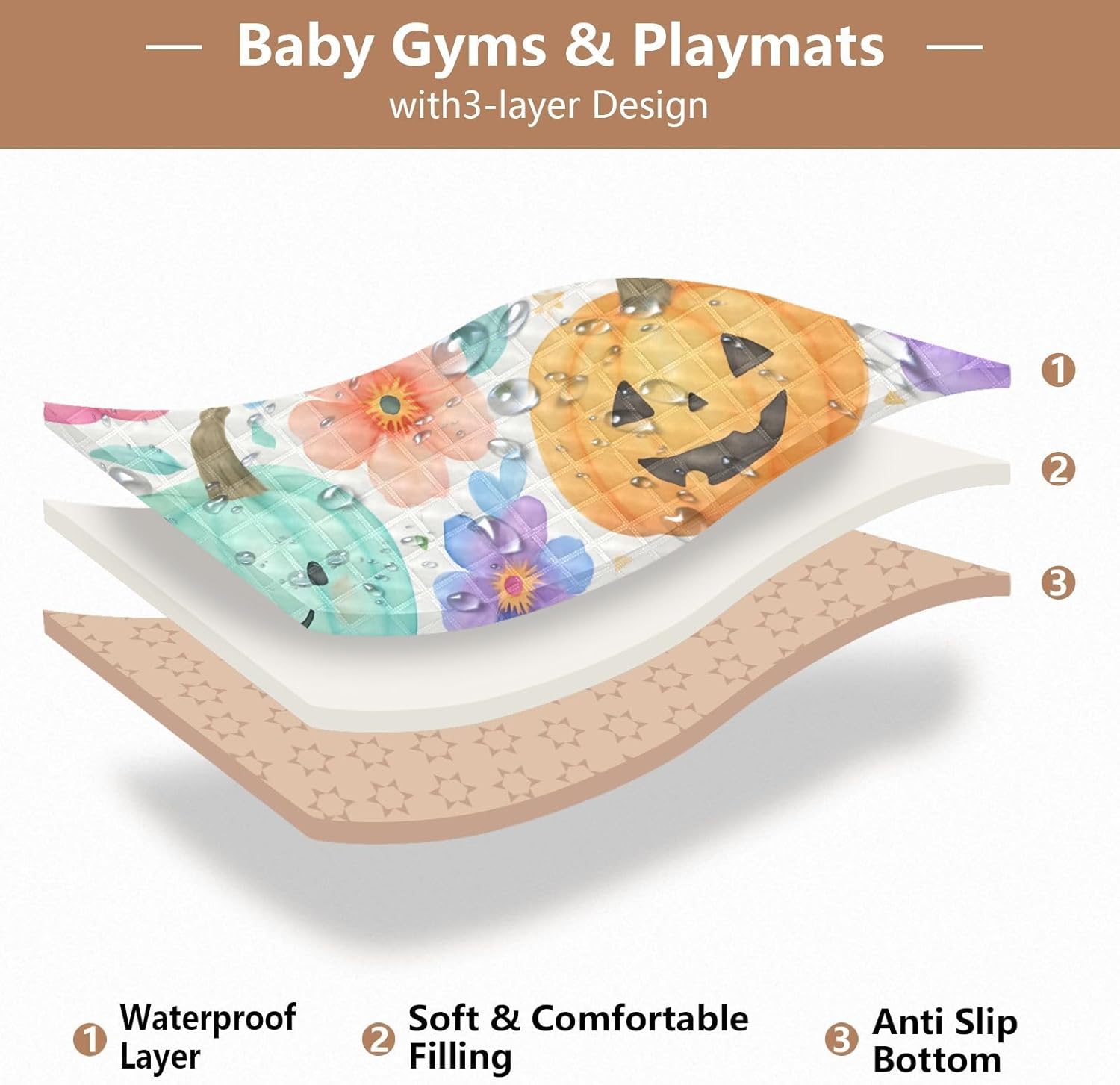 Ghosts and Halloween Pumpkins Baby Play Mat, 50“ X 50” Washable Folding Crawling Mat, Baby Floor Mat, Soft, Non-Slip