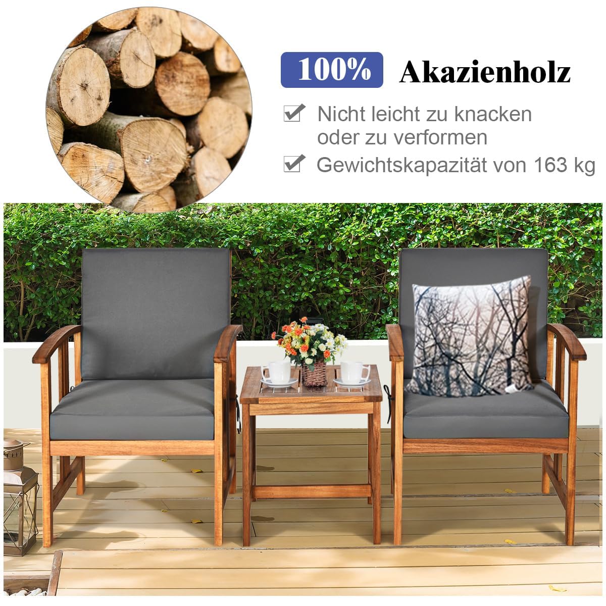 FANTASK 3-TLG Balkonset aus Akazienholz, Balkonmöbel inkl. Beistelltisch und 2 Stühlen, 3-teiligen Gartenmöbel Set, mit 2 Sitzkissen & 2 Rückenkissen, für Garten, Balkon