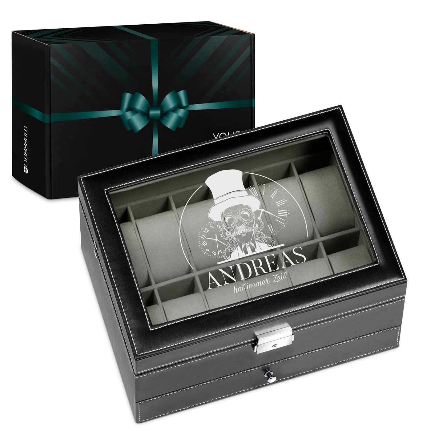 Maverton Uhrenbox mit Gravur für 12 Uhren & Schmuck - 30x20x13cm - Uhrenkasten aus Kunstleder - Schwarz - Geschenk für Männer - Zeit