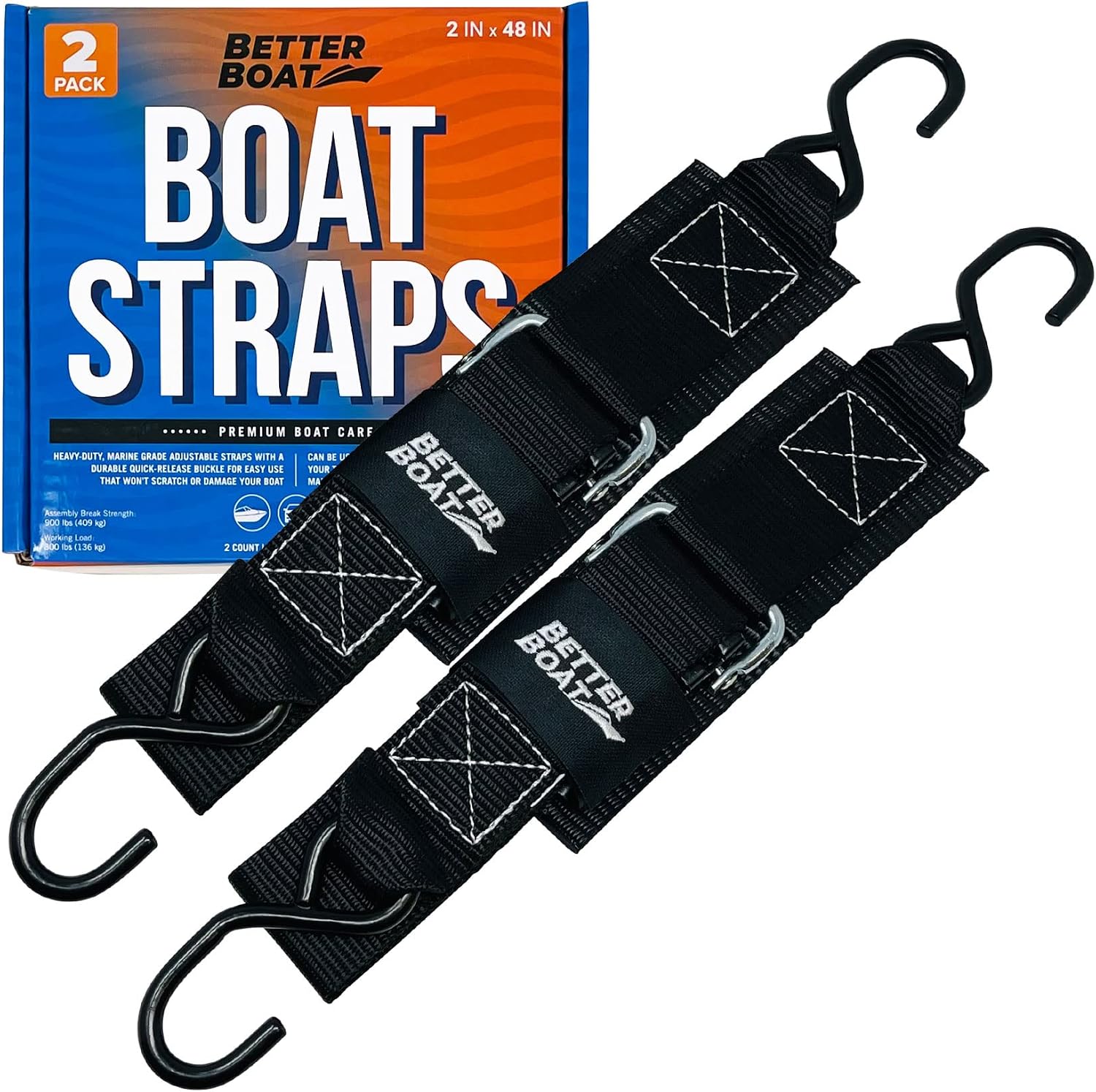 Boat Tie Down Straps to Trailer Boat Transom Tie Down Straps Heavy Duty Manual Buckle Clasp Tiedown 2" x 48" Short Small Transit 4 Foot Without Ratchet Boat Trailer Accessories for Boating & Jet Ski