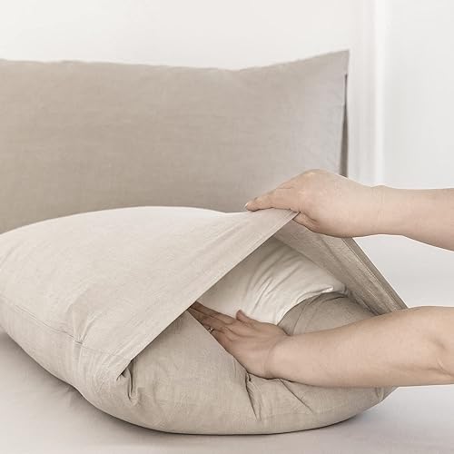 Miniatura 4 de MooMee Juego de 2 fundas de almohada 100% algodón lavado con textura parecida al lino, transpirable, duradera, suave y cómoda (lino bronceado