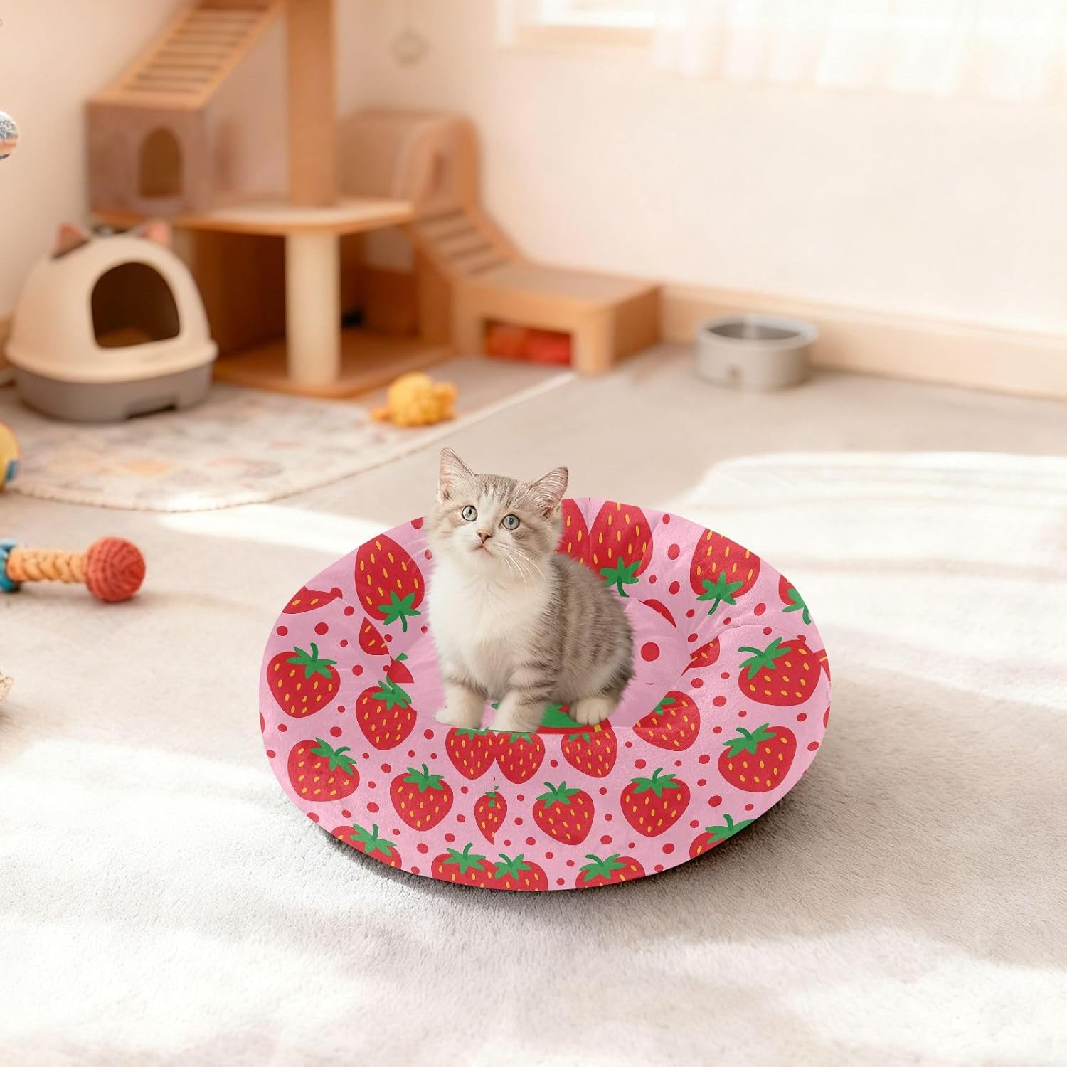 Wudan Pet Cat Bed Anxiety Relief Fluffy Dog Pillow Bed for Extra Small Size Pets Sleeping M Cartoon Strawberry