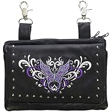 Motorcycle Womens Studed Purple Tribal Butterfly Real Leather Purse Bag w/clip