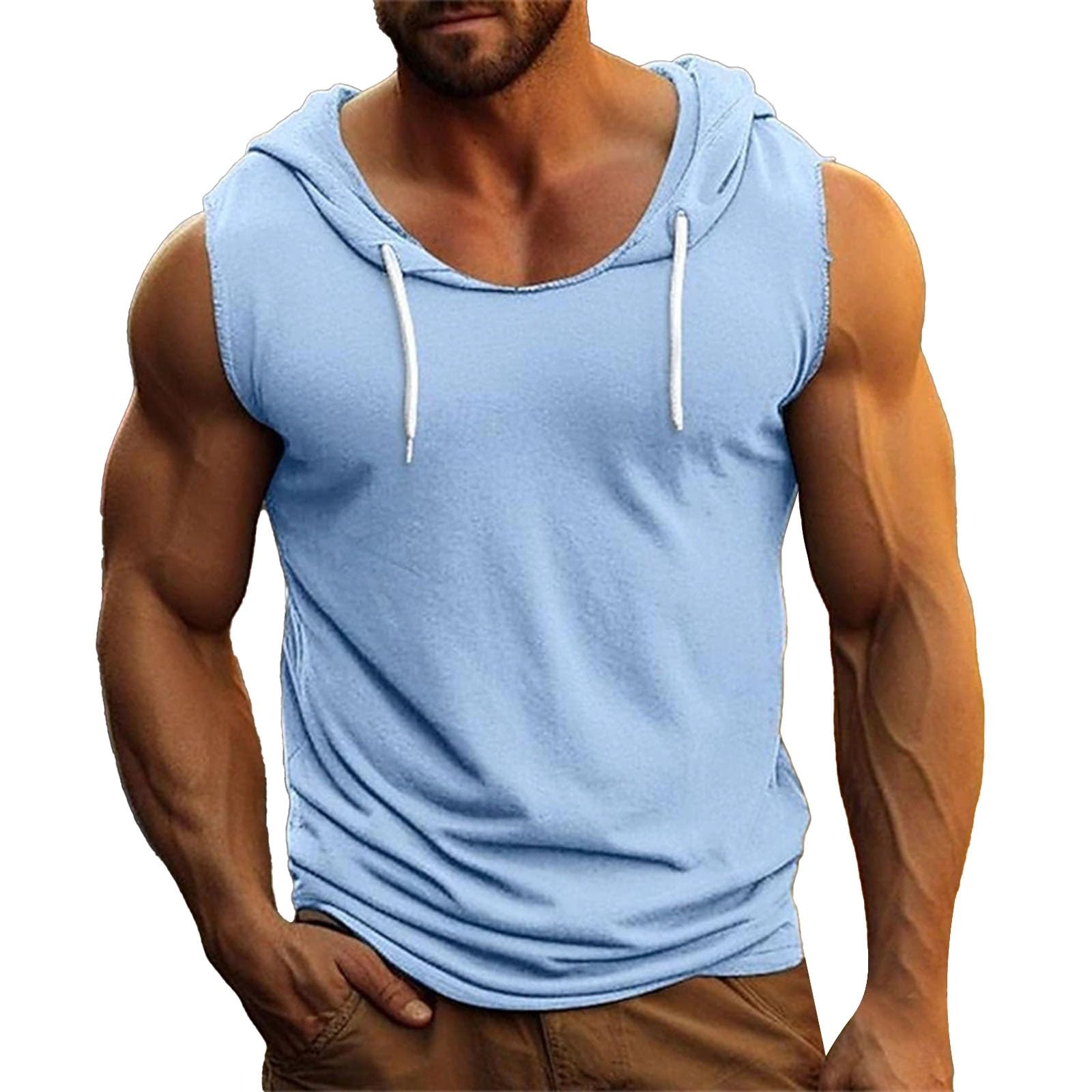 Camiseta sin mangas con cordón para hombre, camiseta sin mangas de color sólido, camiseta sin mangas básica para vacaciones, camisetas sin mangas con capucha de verano, camiseta deportiva para hombre