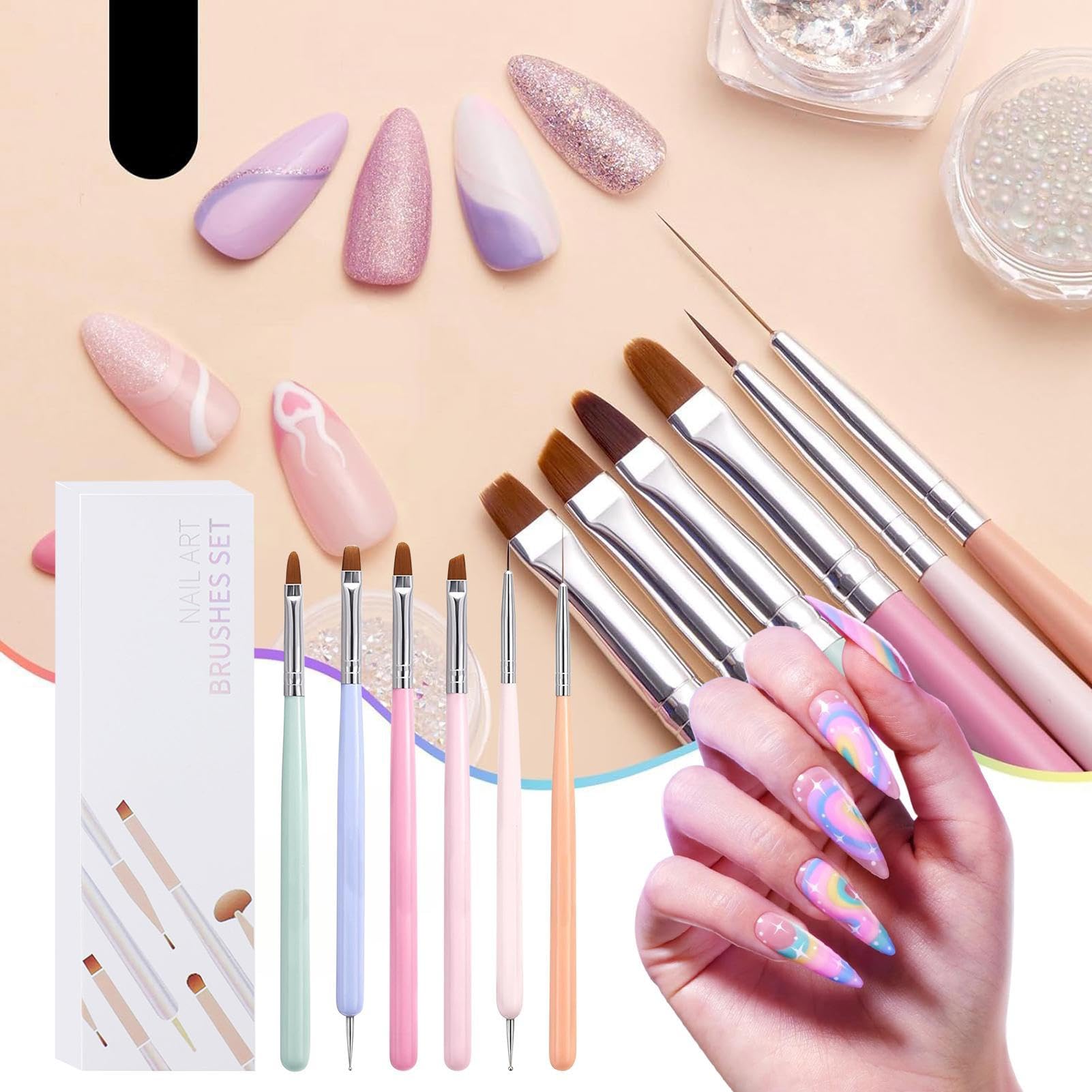 Set Di Pennelli Per Nail Arts, 6 Pezzi Pennelli Unghie Gel Per Design Su Unghie, Strumenti Penne Nail Arts, Set Di Strumenti Manicure A Doppia Testa, Pennellis French Liner Unghies, Per Disegno