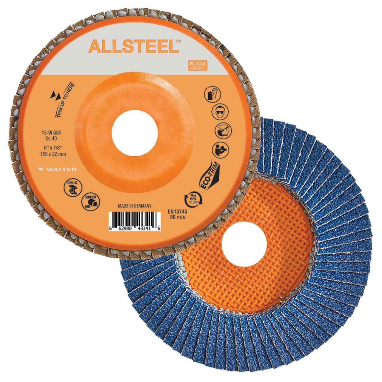 Walter 15W604 6x7/8 ALLSTEEL Flap Disc with Eco-Trim Backing 40 Grit Type 27, 10 Pack