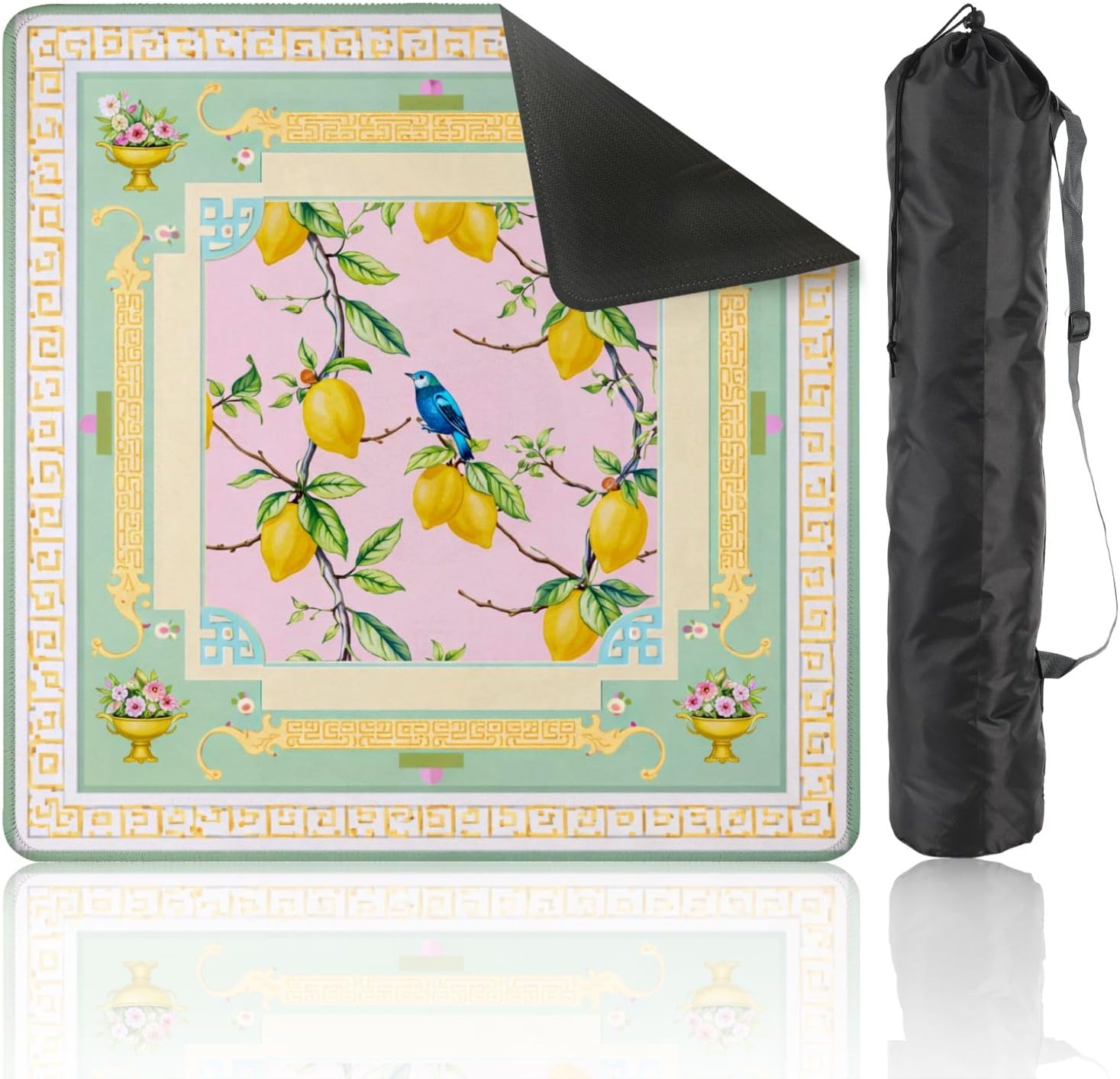 Mahjong Mat with Carrying Bag 31.5" x 31.5" Non-Slip Noise Reduction Lemons Blue Bird Botanical Ornamental Frame Pastel Table Mat for Mahjong Poker Dominoes Card Board Tile Games