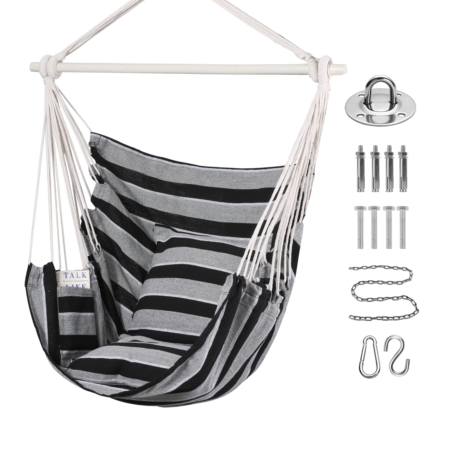 Goutime Hammock Chair Swing with 2 Seat Cushions Pillows, Hanging Chair with Detachable Metal Support Bar,Swing Chair with Carry Bag,Hanging Chair for Bedroom/Outdoor,Maximum 330 Lbs (Gray Stripe)