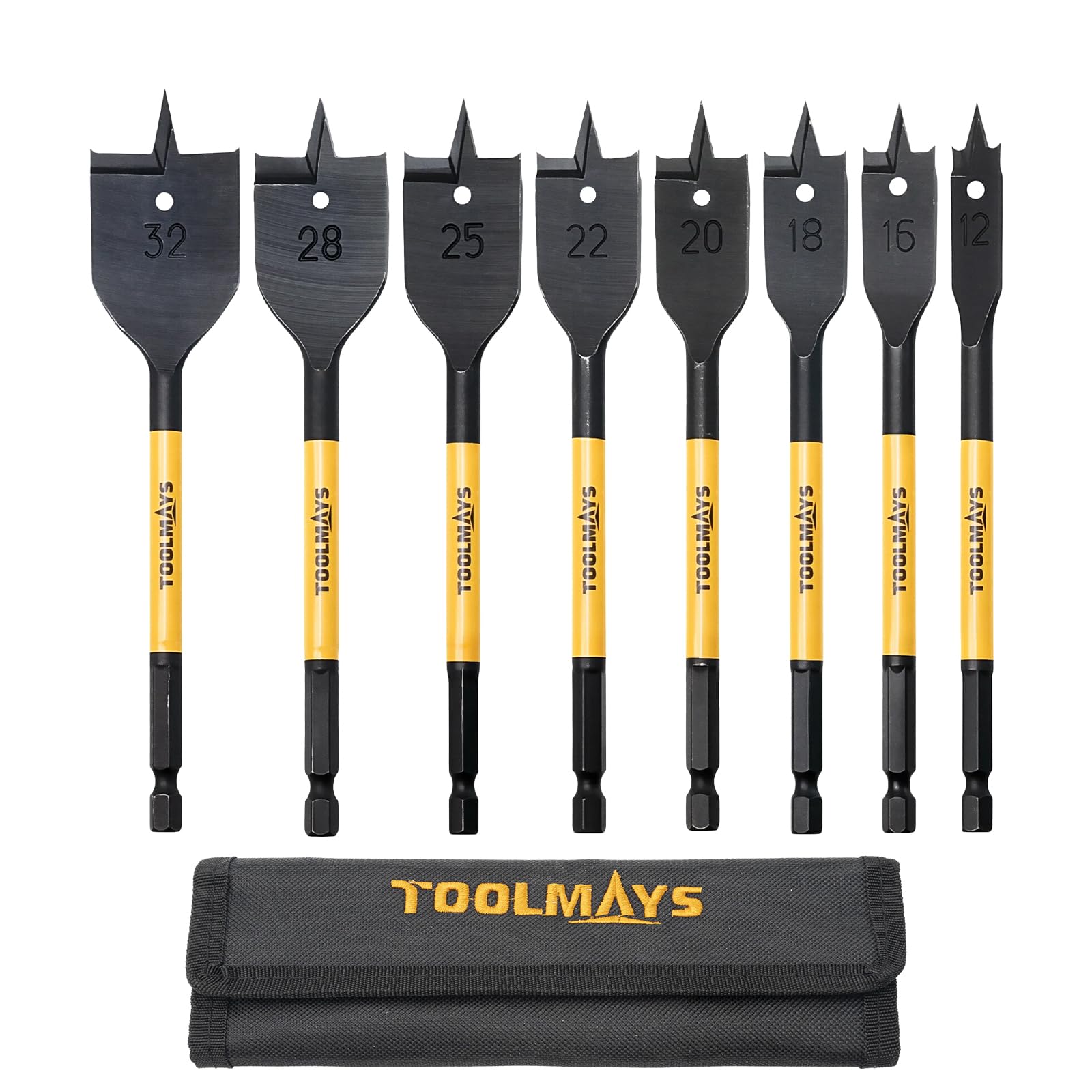 TOOLMAYS 8PCS Flat Wood Drill Bit Set, ø 12-32 mm High Carbon Steel Wood Spade Drill Bits Set, 1/4 Inch Quick Change Hex Shank, With Storage Case
