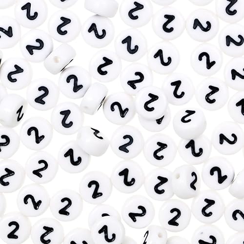 200 cuentas blancas del número 2 para pulseras, cuentas acrílicas de un solo número, 2 cuentas, de 0.157 x 0.276 pulgadas, cuentas planas y redondas