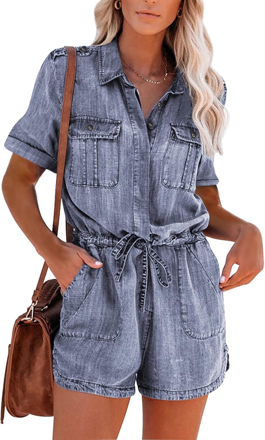 Paintcolors Women's Button Down Pockets Belted Washed Denim Jumpsuits Rompers