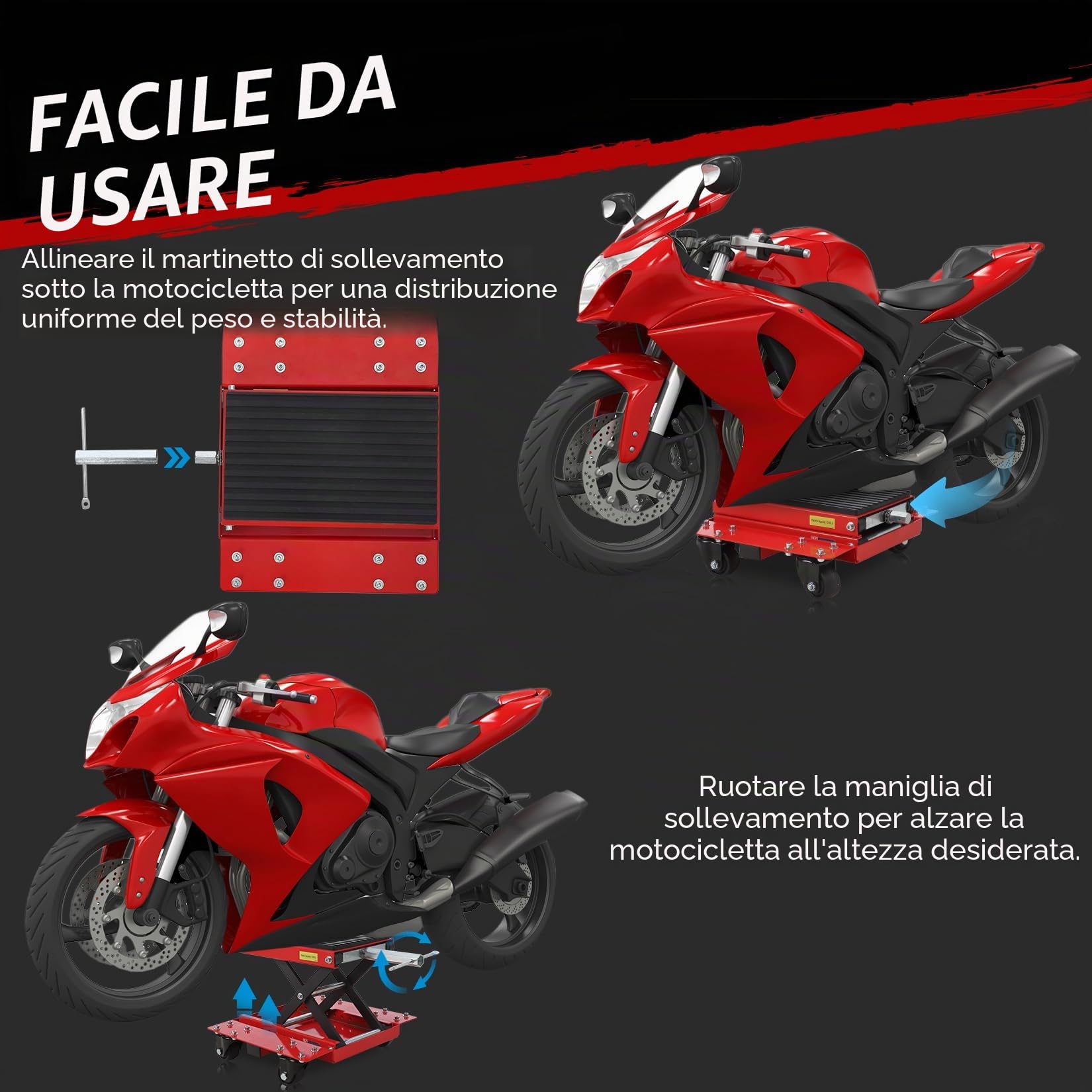 Cric Idraulico a Forbice per Moto 1200 lbs – Sollevatore Professionale con Piattaforma Larga – Ruote e Carrello – per Moto Cross, ATV, Cruiser – Chiave a cricchetto – Tappetino in Gomma –