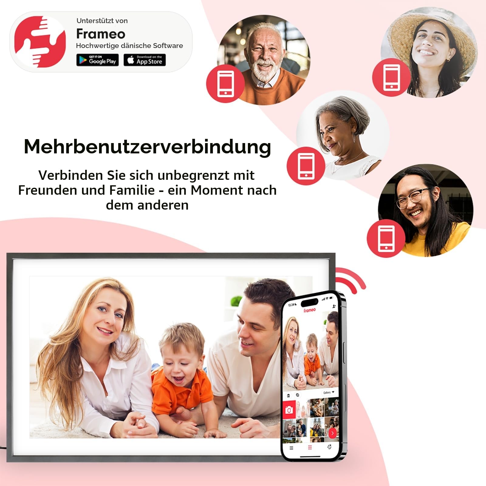 Digitaler Bilderrahmen Groß,15.6 Zoll Frameo Digital Photo Frame, 32 GB, 1920 * 1080 IPS FHD-Touchscreen, Elektronischer Bilderrahmen Tisch- und Wandmontage, Bildvideo teilen