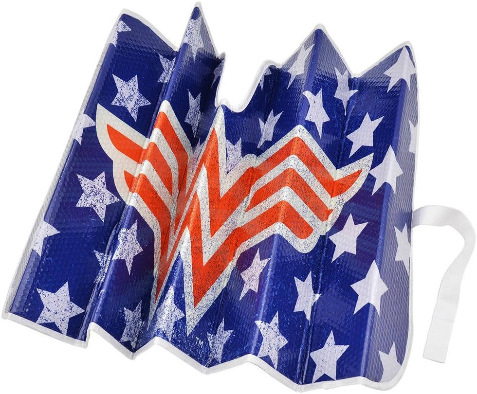 Wonder Woman Red Logo DC Comics Official Licensed Front Windshield Sun Shade-Accordion Folding Auto Sunshade for Car Truck SUV-Blocks UV Rays Sun Visor Protector-Keep Your Vehicle Cool- 58 x 27 Inch