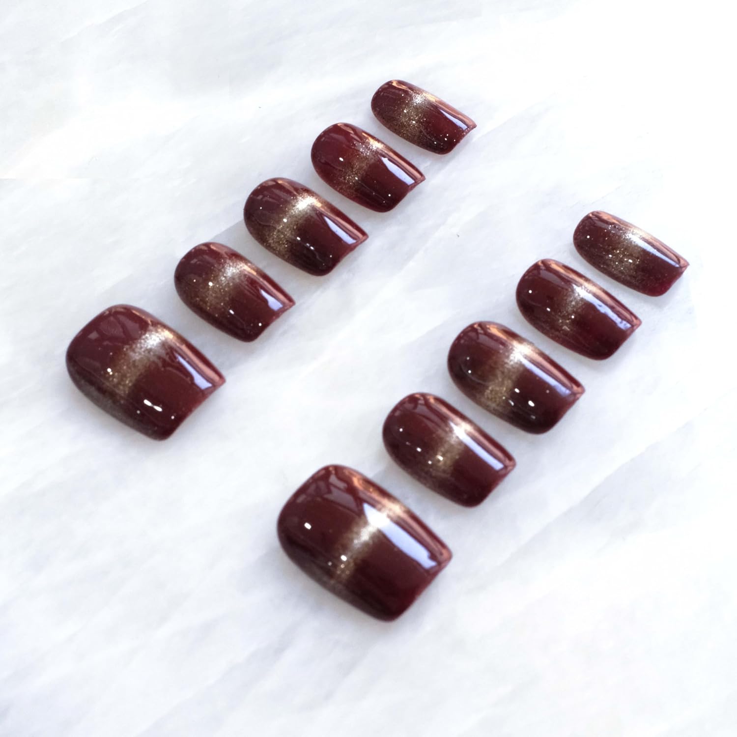 Wine Red & Gold Press on Nails, Handmade Reusable False Nails with Luxe Sheer Glitter Design, Short Square Shape, 10 Pieces (Large, SS)