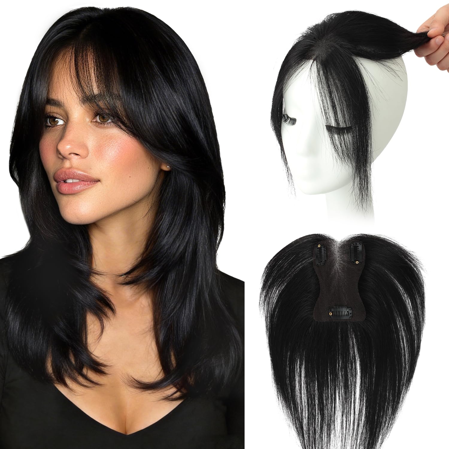 WORLDSTAR Hair Topper Cheveux Humain Femme,Frange de Bébé,15g,Noir Jais