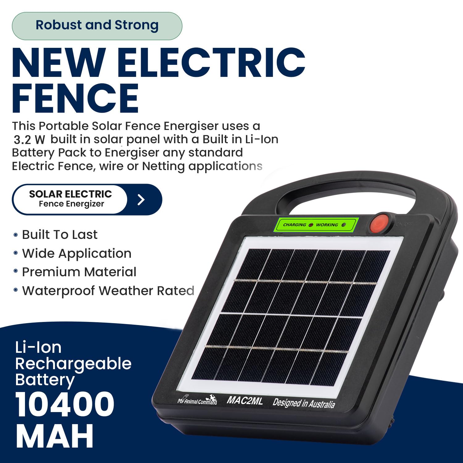 My Animal Command Cargador de valla eléctrico alimentado por energía solar de 0,2 julios de voltaje ajustable (6-9 KV) con batería de litio, contención energizante y protección de ganado, caballos