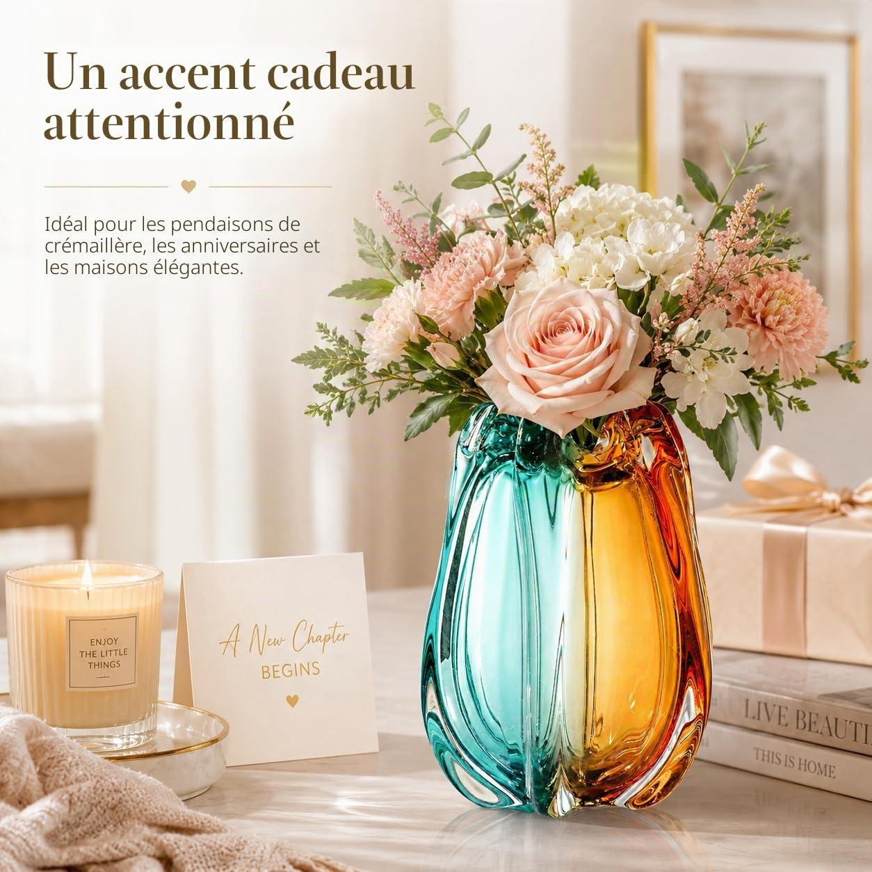 Vase décoratif en Verre d'art soufflé à la Main — Grand Vase à Fleurs Lourd et à Large Ouverture — Style Art déco (Murano) : Teinte Sarcelle et Ambre (19cm)
