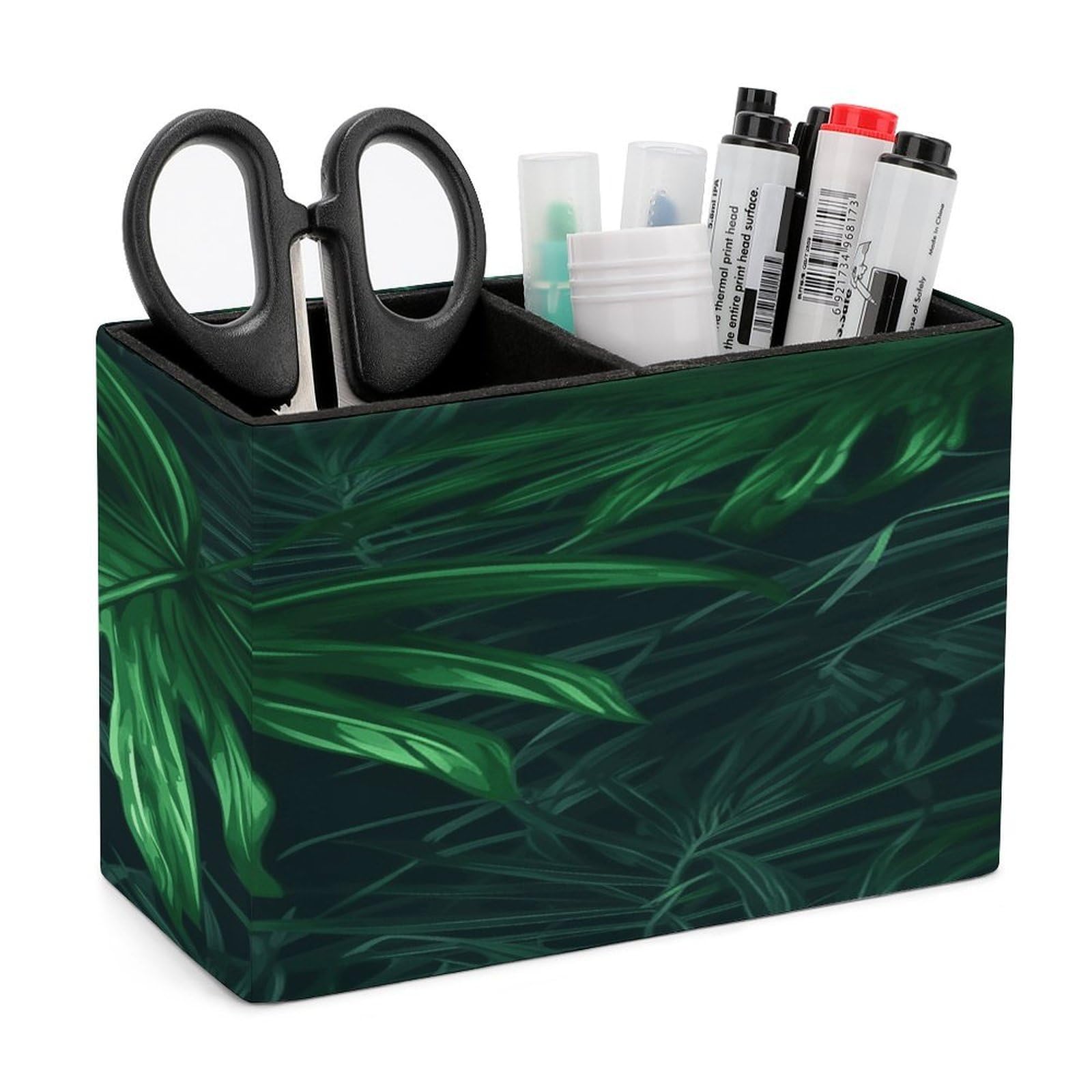 VstaDank Green Tropical Jungle Plant Pen Holder Double Compartments Pen Cup Fashion Makeup Brush Holders Leather Pencil Holder for Work Locker Accessories Modern Pencil Cup for Desk Organizer