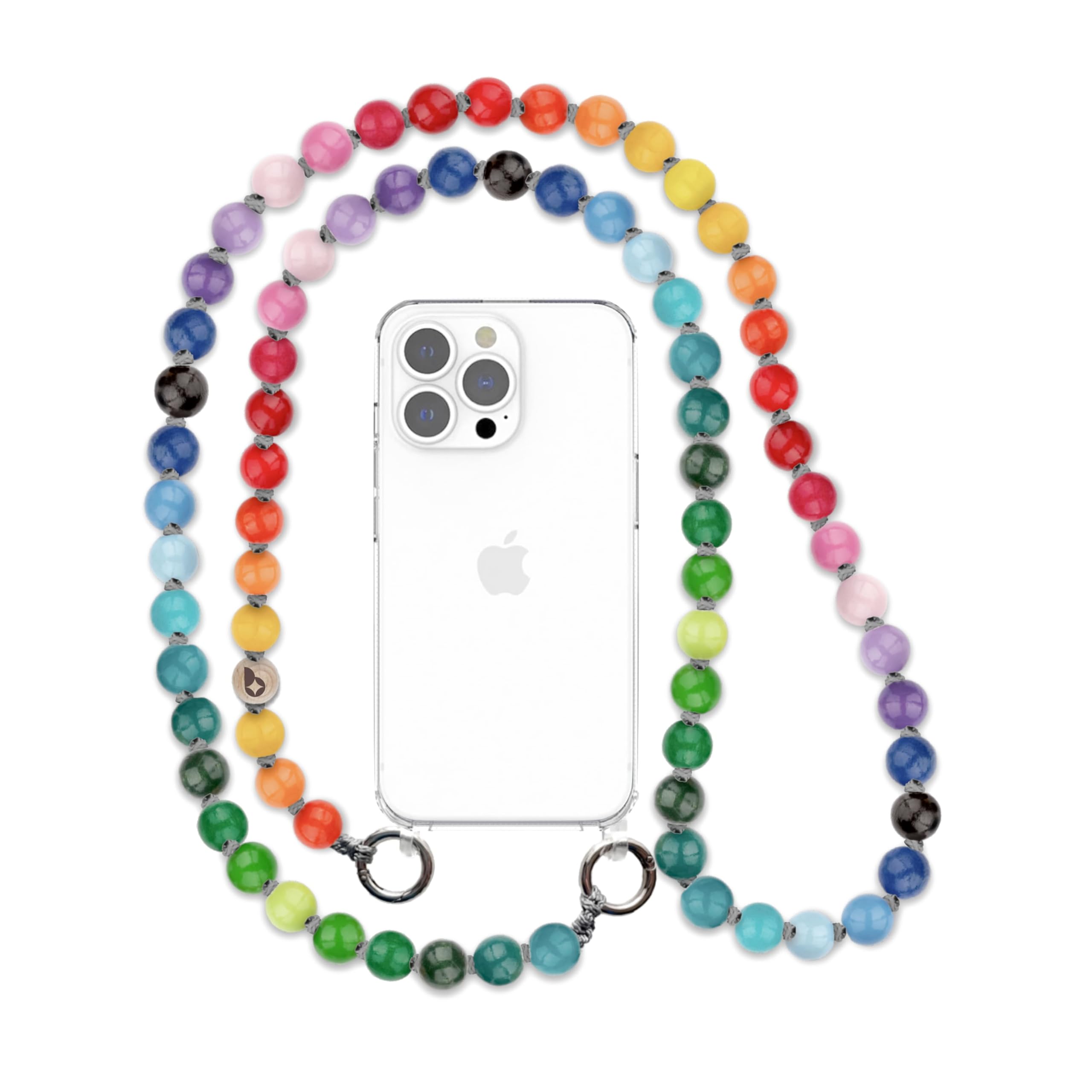 Cadena para teléfono móvil, cadena de perlas de madera en varios colores y longitudes, compatible con teléfonos móviles como Apple iPhone 14, 13, 12, 11, etc. (110 cm, arco iris), Madera