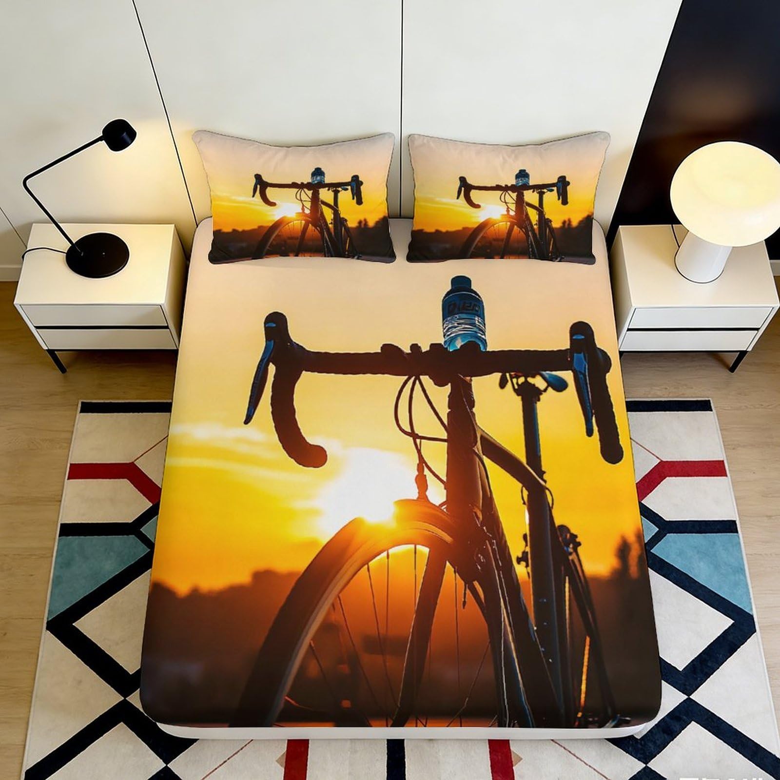 3D Printed Sunset Bicycle Fitted Sheet Microfiber Soft Easy Care Sunrise Bed Cover for Bedroom Guest Room Decor 90x200x25cm