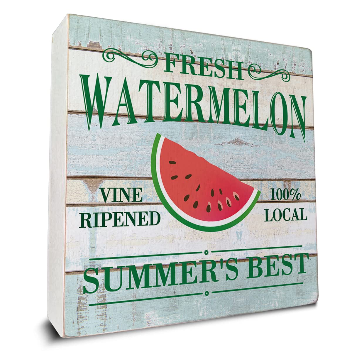 Fresh Watermelon Wooden Box Sign Desk Decor for Home Summer Kitchen Farmhouse Shelf Table Decoration 5 X 5 Inch