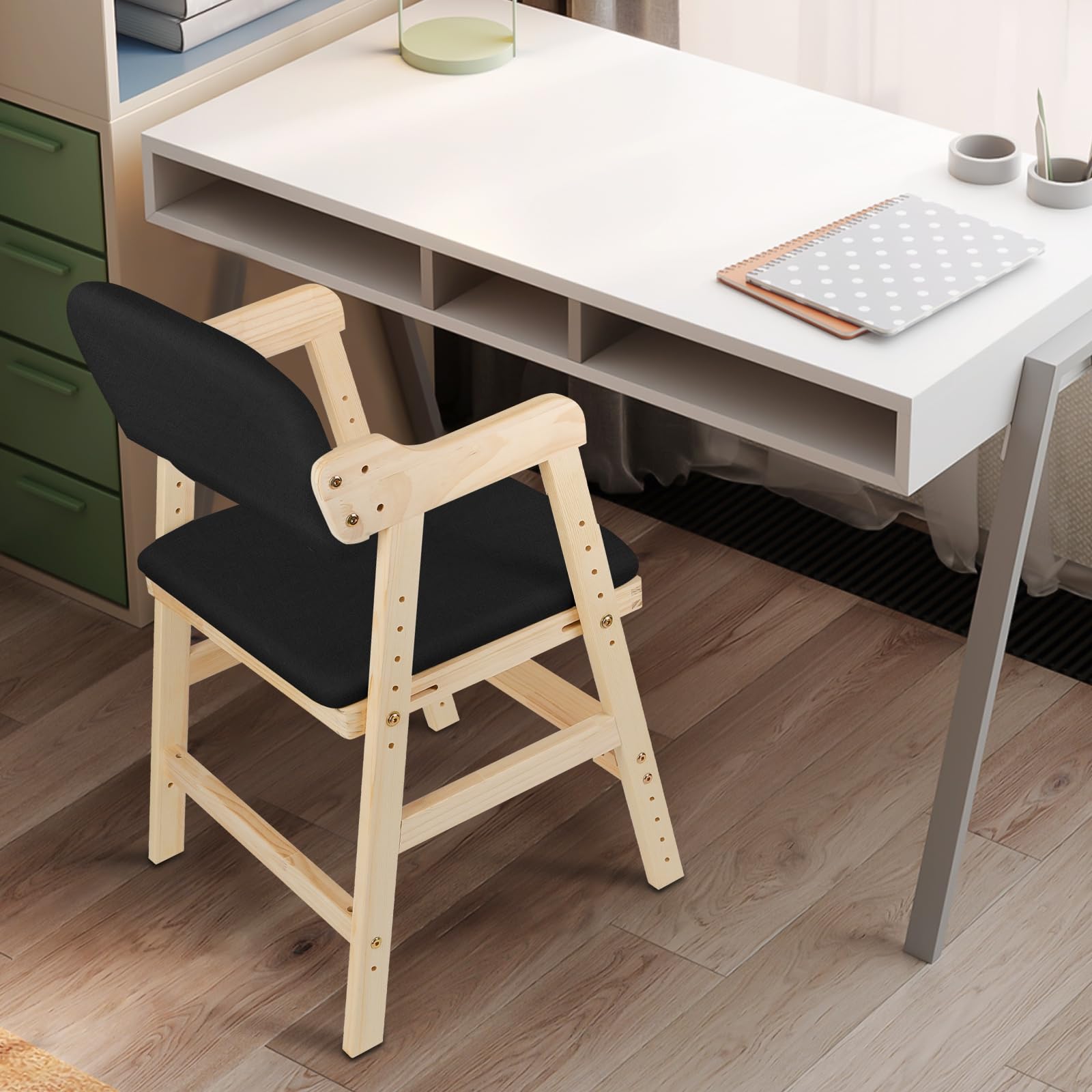 Trona Bebé Evolutiva, desde 6 Meses - 10 Años, hasta 30 kg, Trona de Bebé, Bandeja Extraíble, Asiento y Reposapiés Regulables, Madera Natural (48 x 46 x 78 cm - Negro)