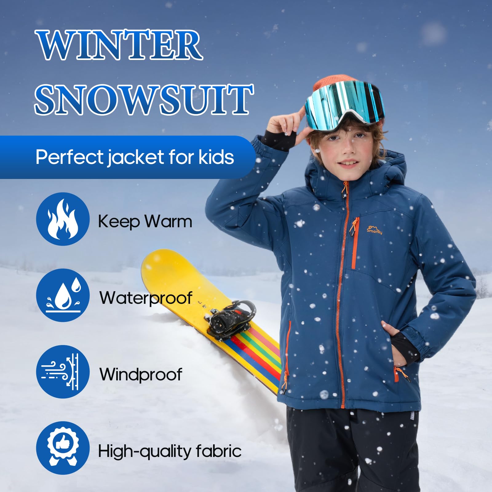 SMONTY SNOWER Giacca da neve per ragazzi con cappuccio rimovibile, giacca da sci, calore extra, cappotto invernale