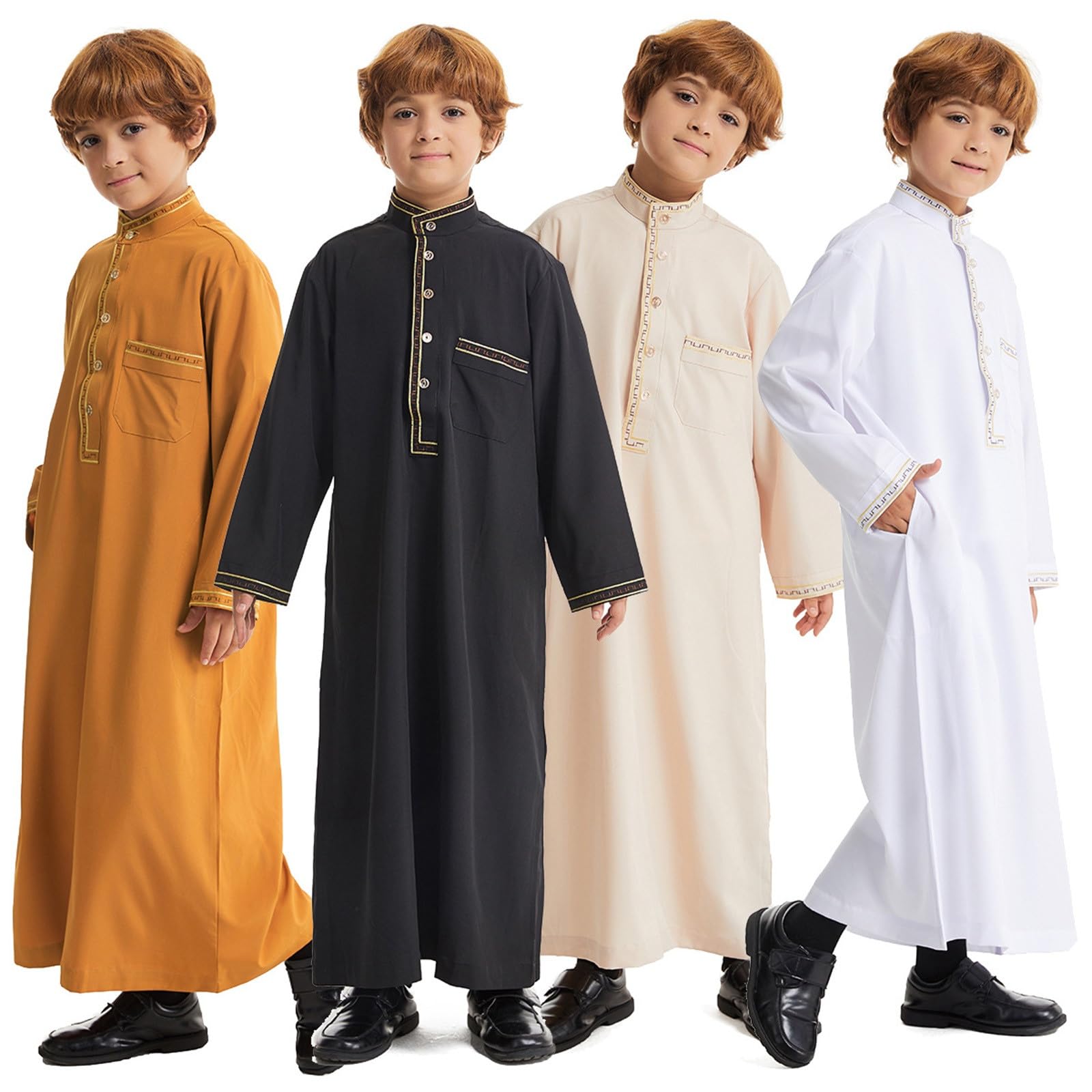 Eid ubrania dla chłopców biała Thobe muzułmańska szata z długim rękawem zapinana na guziki chłopcy Jubba z kieszeniami kaftan haftowana odzież narodowa Abaya dla dzieci na prezenty Eid i piątkowe