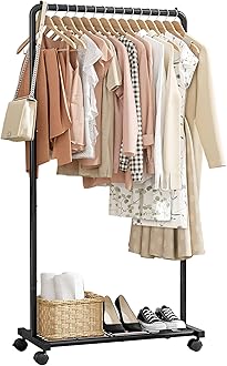 Clothes Rack - Black Clothing Rack with Storage Mesh Shelf & Casters, Heavy-Duty Metal Clothing Rack for Hanging Clothes, Dresses, Sweaters, Coats, Large Load Capacity, Easy to Assemble